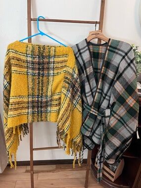 Yellow Plaid Fringe Poncho & Green Plaid Wrap Duo